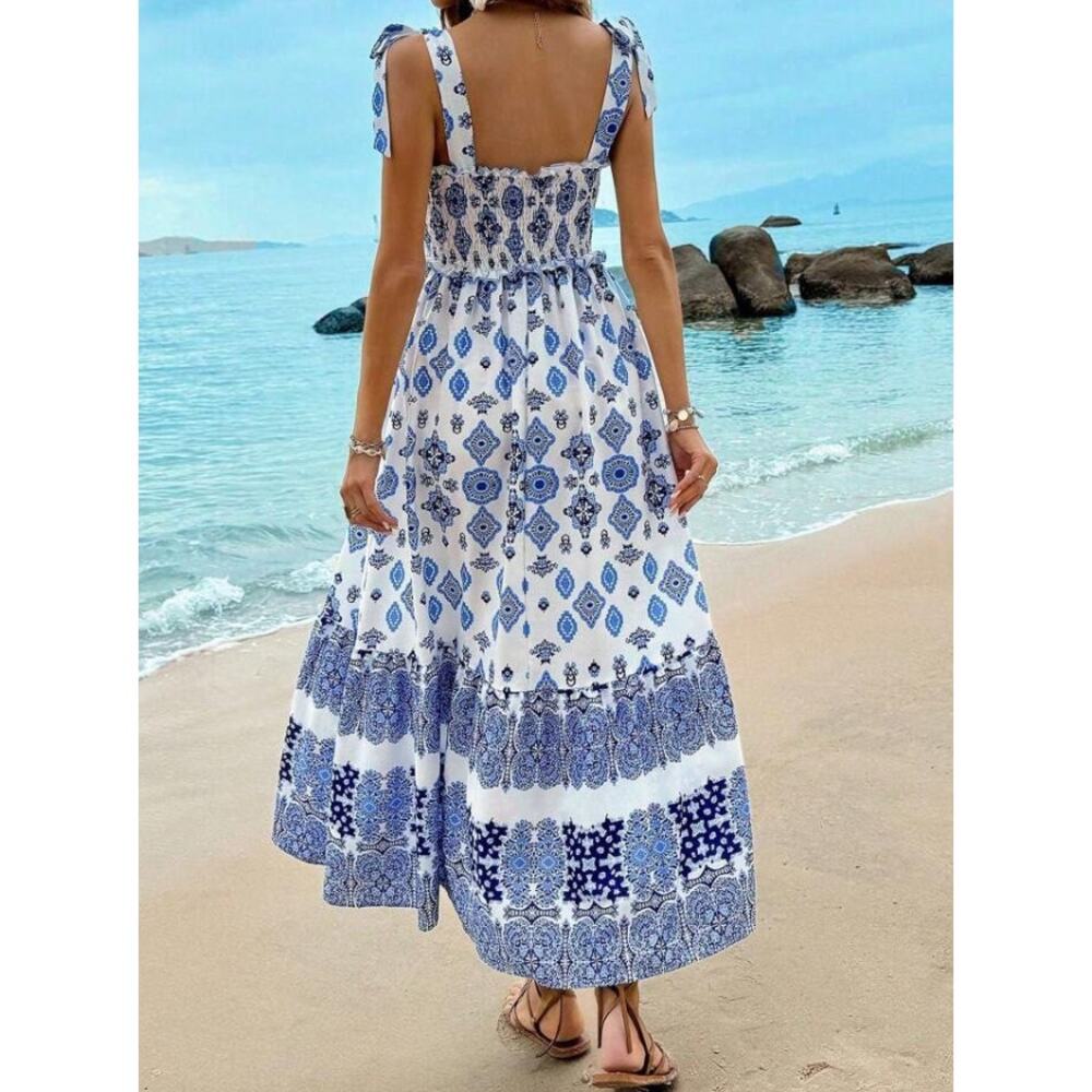 Zara Smocked Tie Strap Boho Linen Maxi Tiered‎ Dress Grecian Print Size Large - Picture 3 of 10